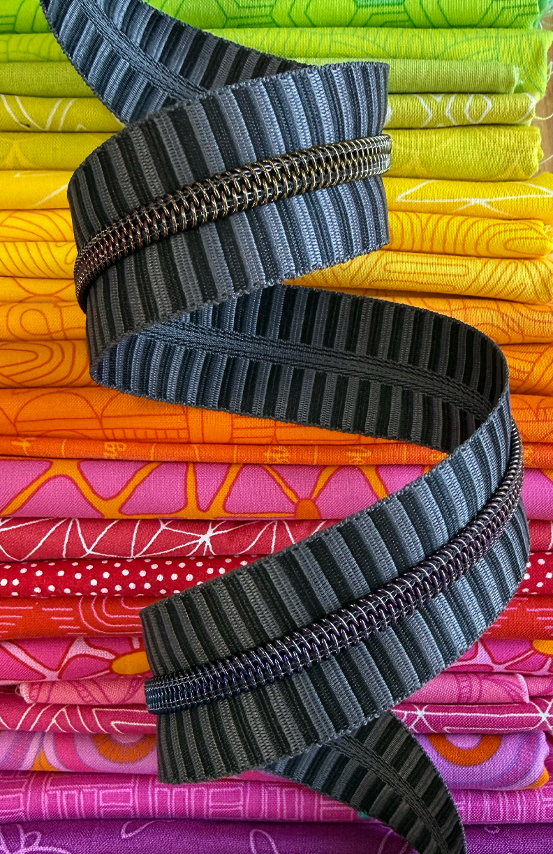 Sassafras Lane Designs - Wide Black & Grey Stripe Zipper Tape with Rainbow teeth