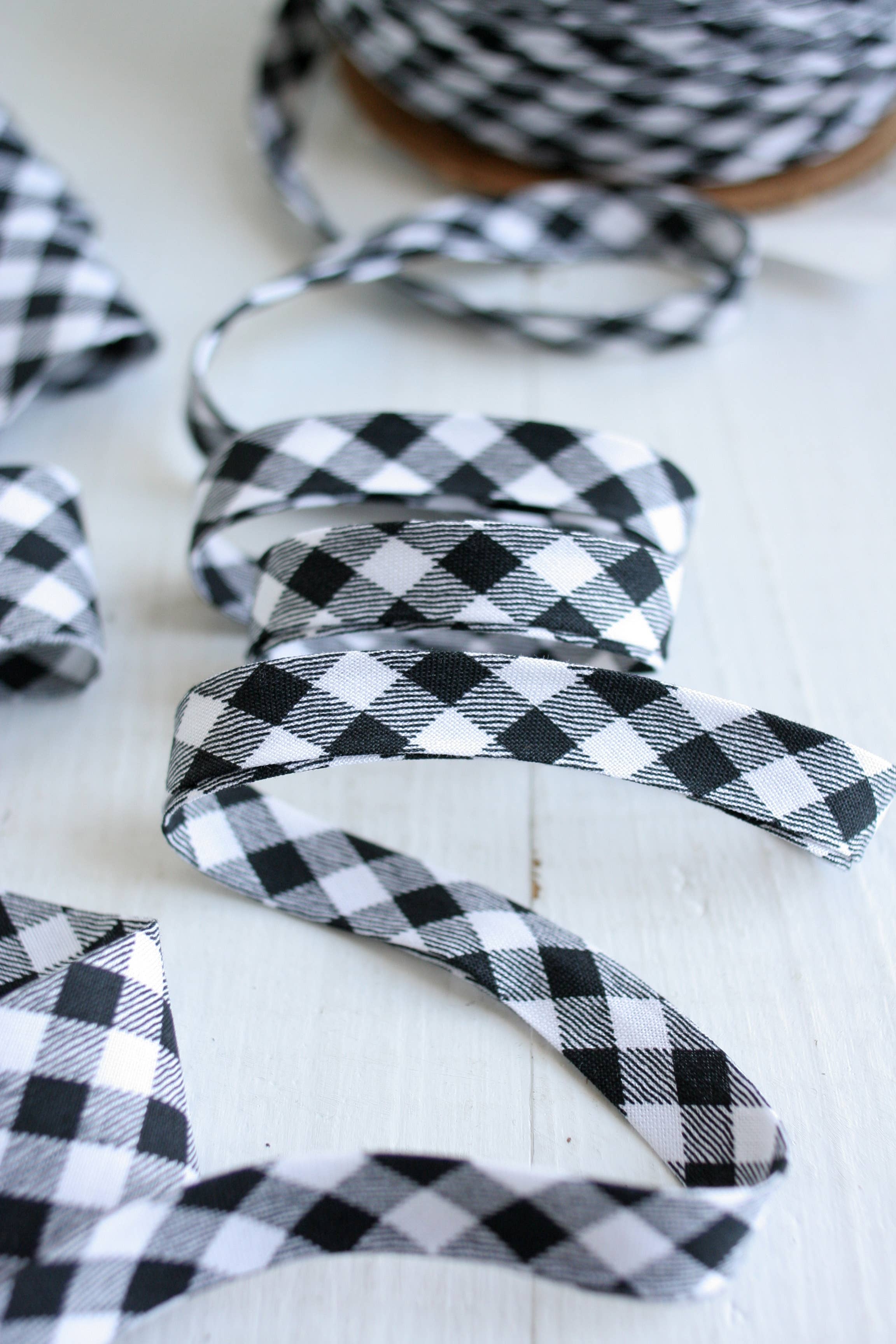 1/2" Double Fold Bias Binding - Black Gingham 100% Cotton