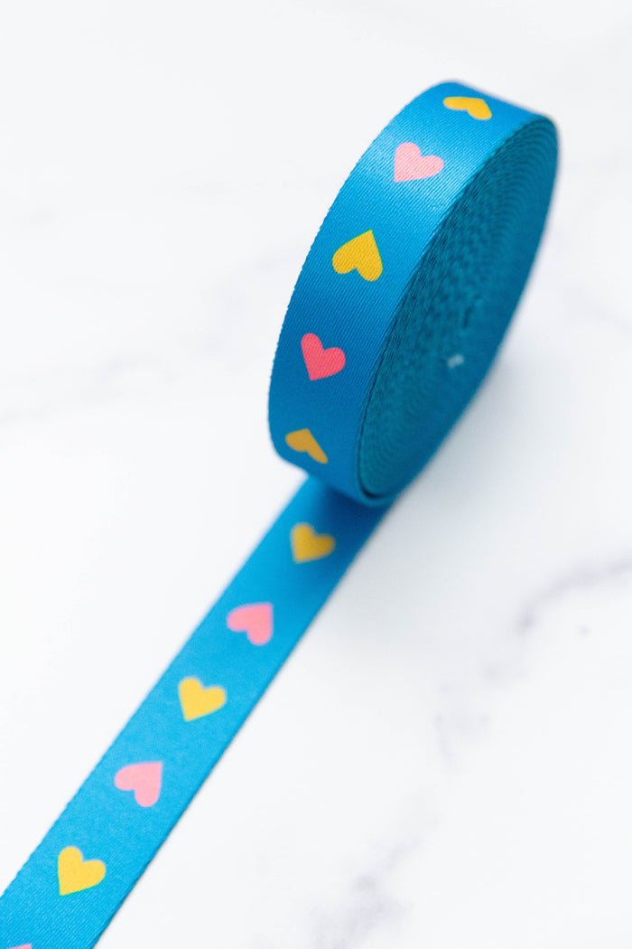 Webbing: Hearts in Bright Blue 1" wide