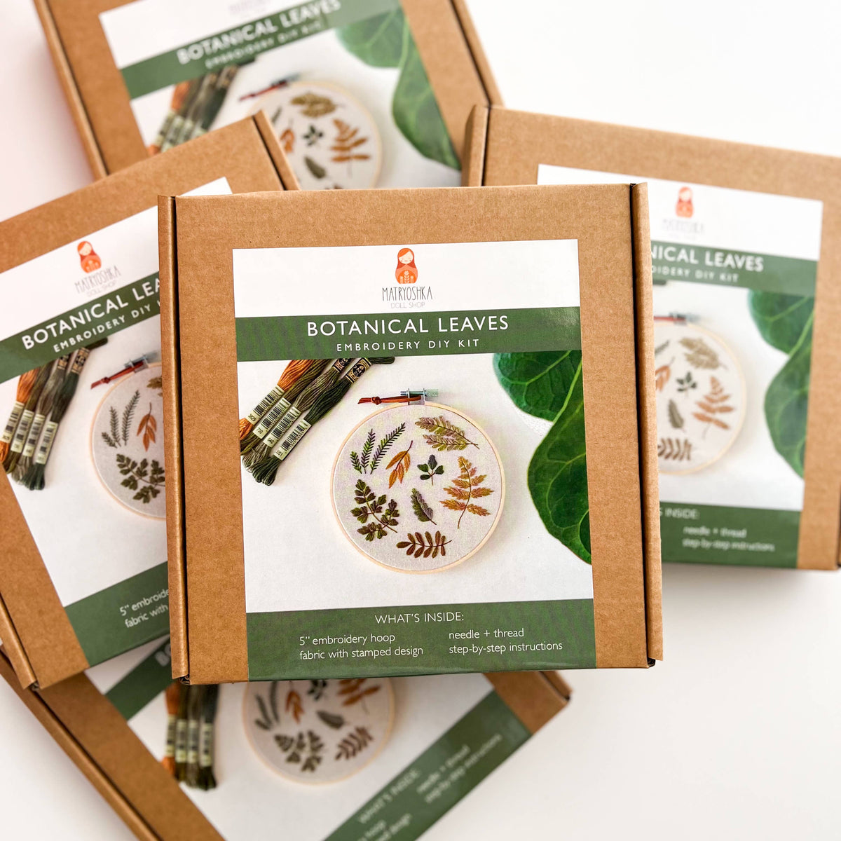 Matryoshka Doll Shop - Botanical Leaves Embroidery DIY Kit, Beginner Craft Kit