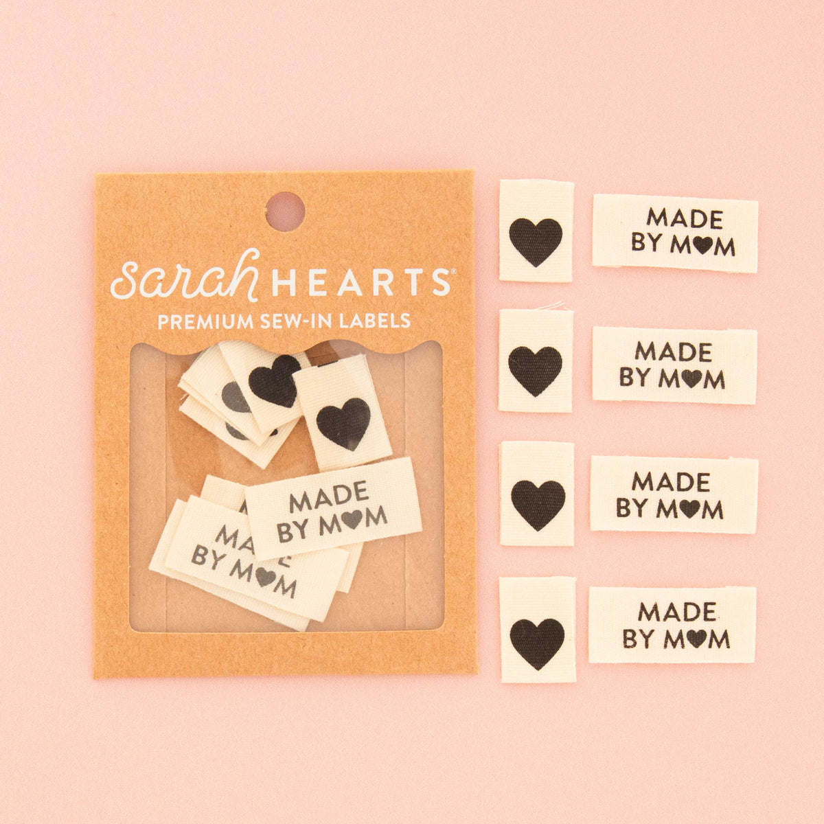 Sarah Hearts - Organic Cotton Sew In Labels - Made by Mom + Black Hearts Multipack