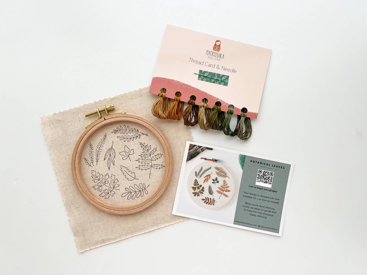 Matryoshka Doll Shop - Botanical Leaves Embroidery DIY Kit, Beginner Craft Kit