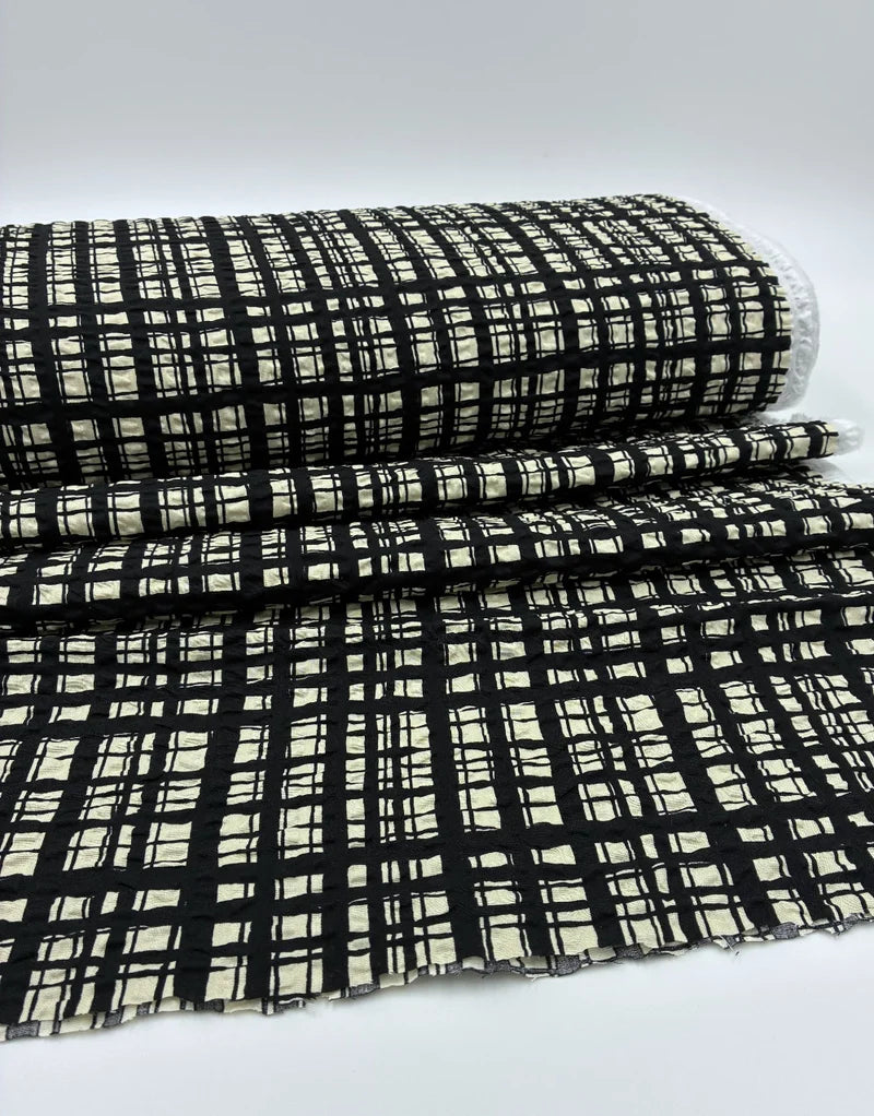 Sevenberry: Japanese Cotton Seersucker – Irregular Plaid – Black/Natural