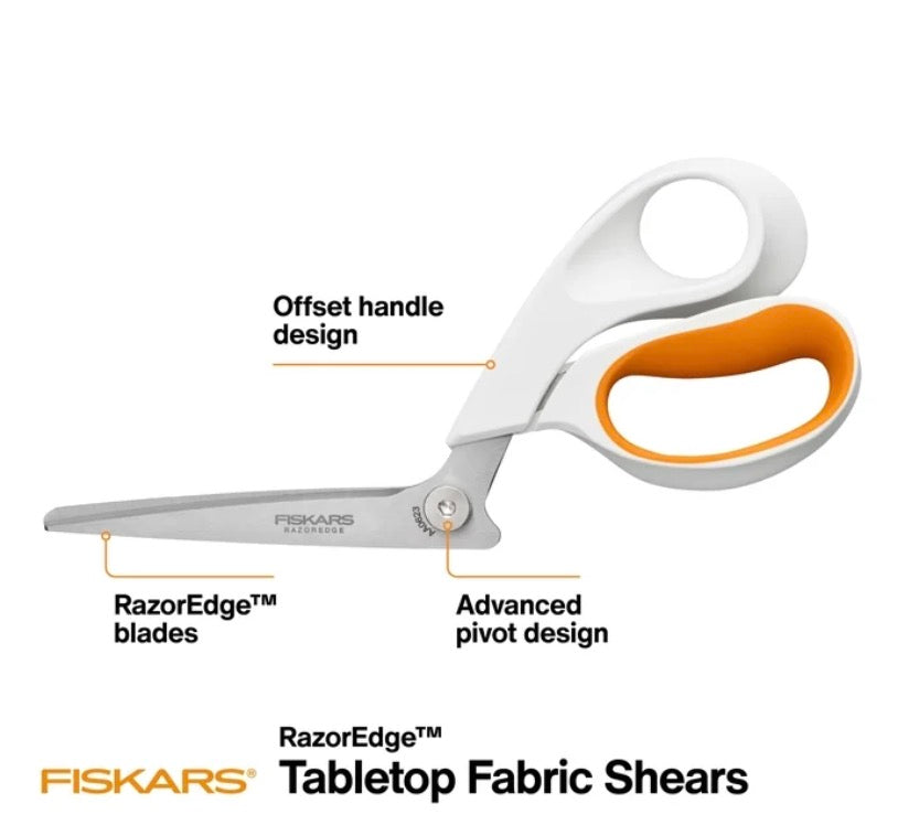 Fiskars 8-Inch RazorEdge Fabric Shears for Tabletop Cutting, White Sewing Scissors