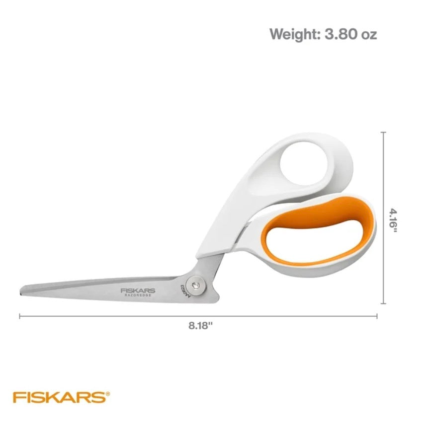 Fiskars 8-Inch RazorEdge Fabric Shears for Tabletop Cutting, White Sewing Scissors