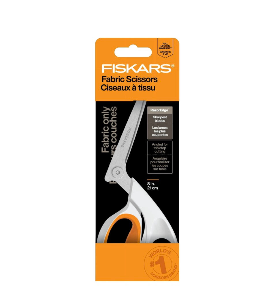 Fiskars 8-Inch RazorEdge Fabric Shears for Tabletop Cutting, White Sewing Scissors