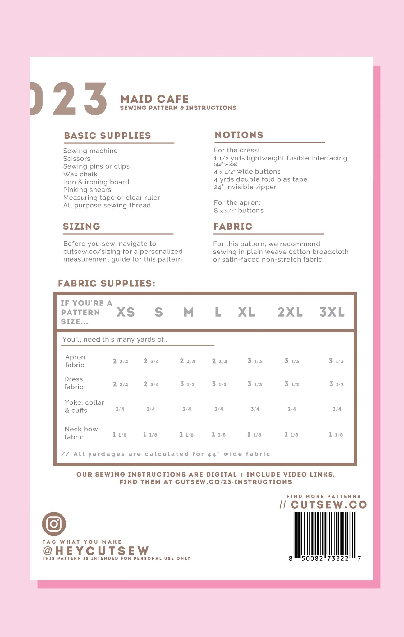 023 Maid Cafe Cut/Sew COSPLAY Sewing Pattern
