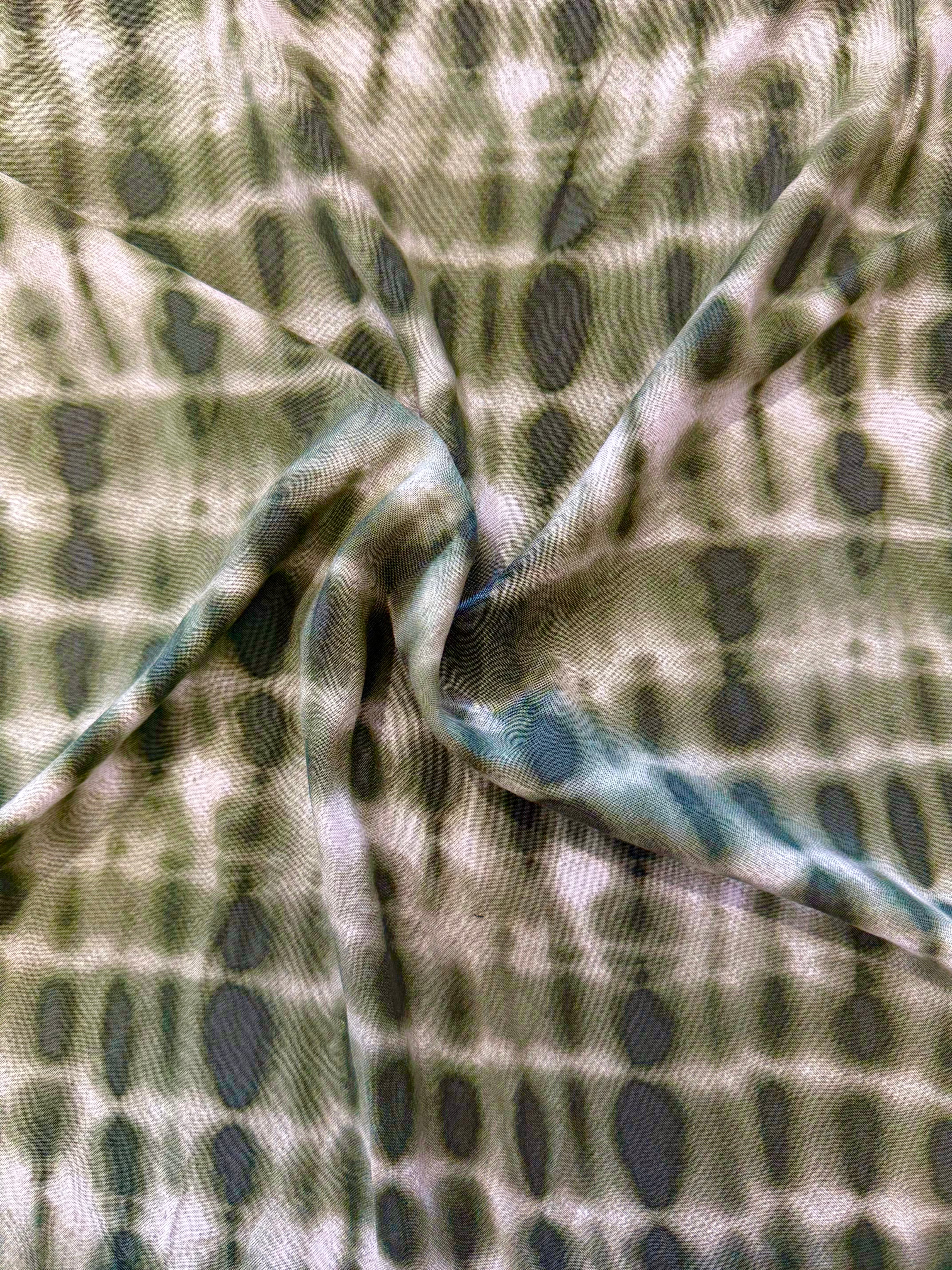 Deadstock Olive Green & Beige Shibori Grid Fabric