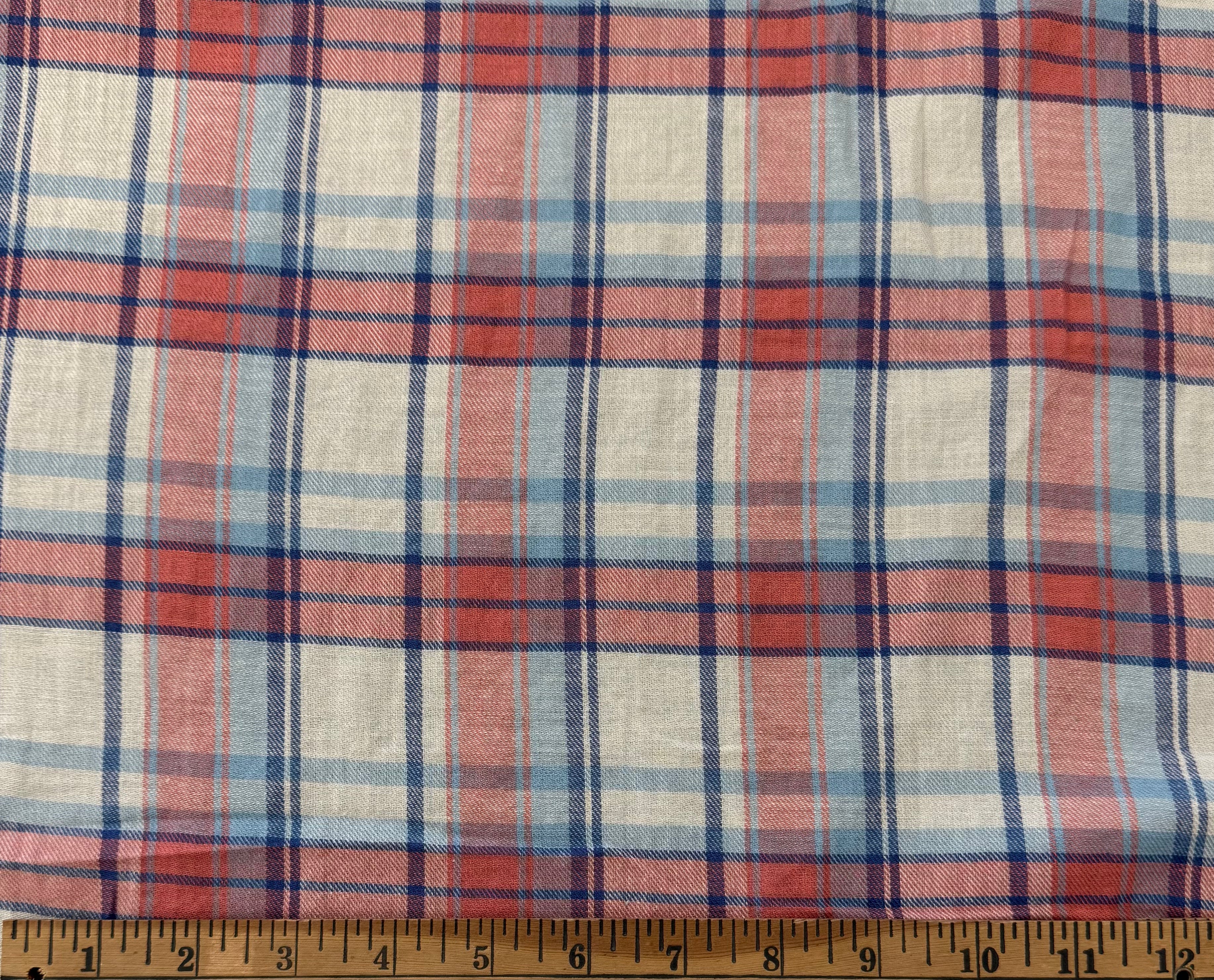 Deadstock Coral & Blue Plaid Cotton-Linen Blend Utility Fabric