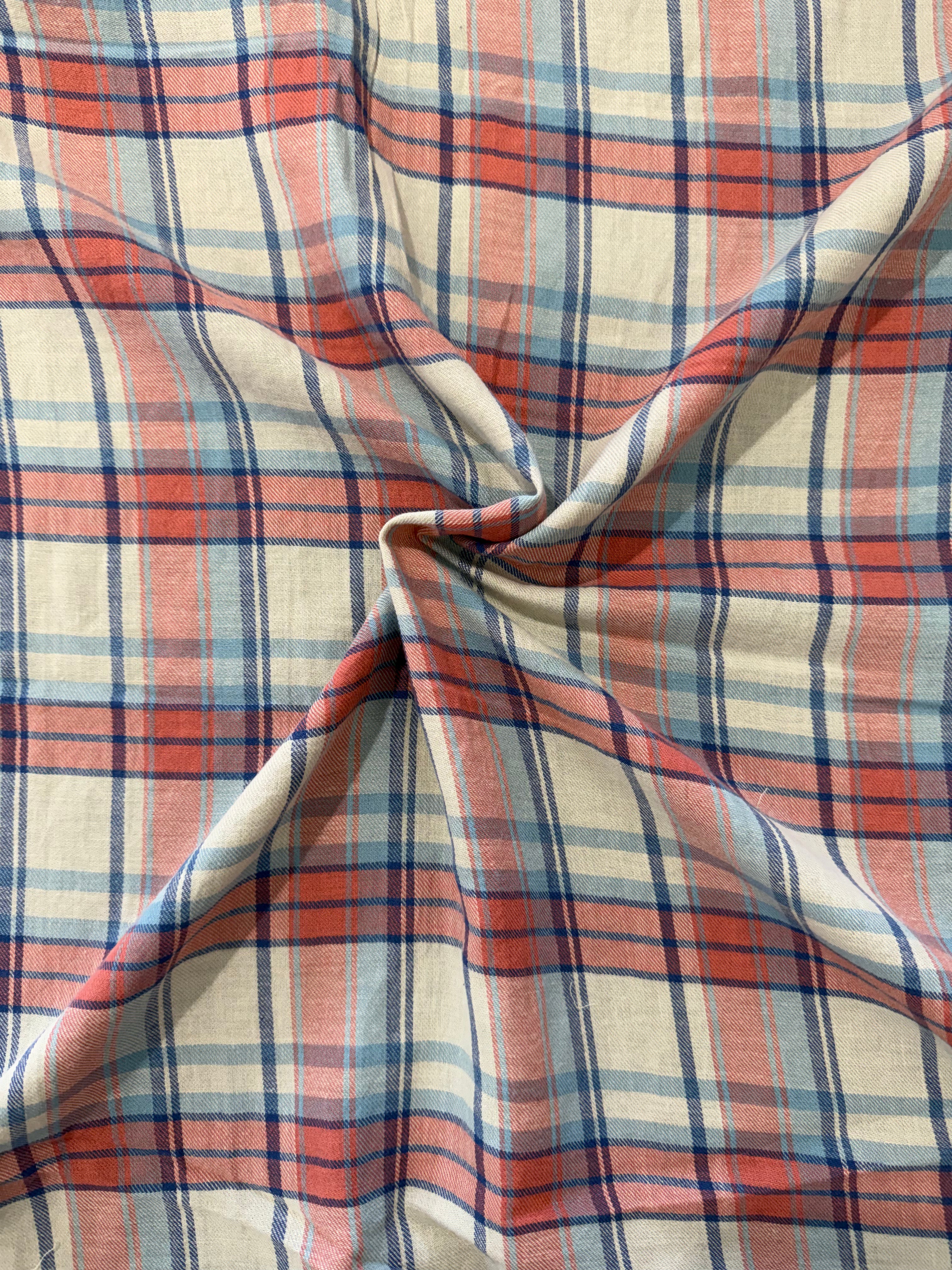 Deadstock Coral & Blue Plaid Cotton-Linen Blend Utility Fabric