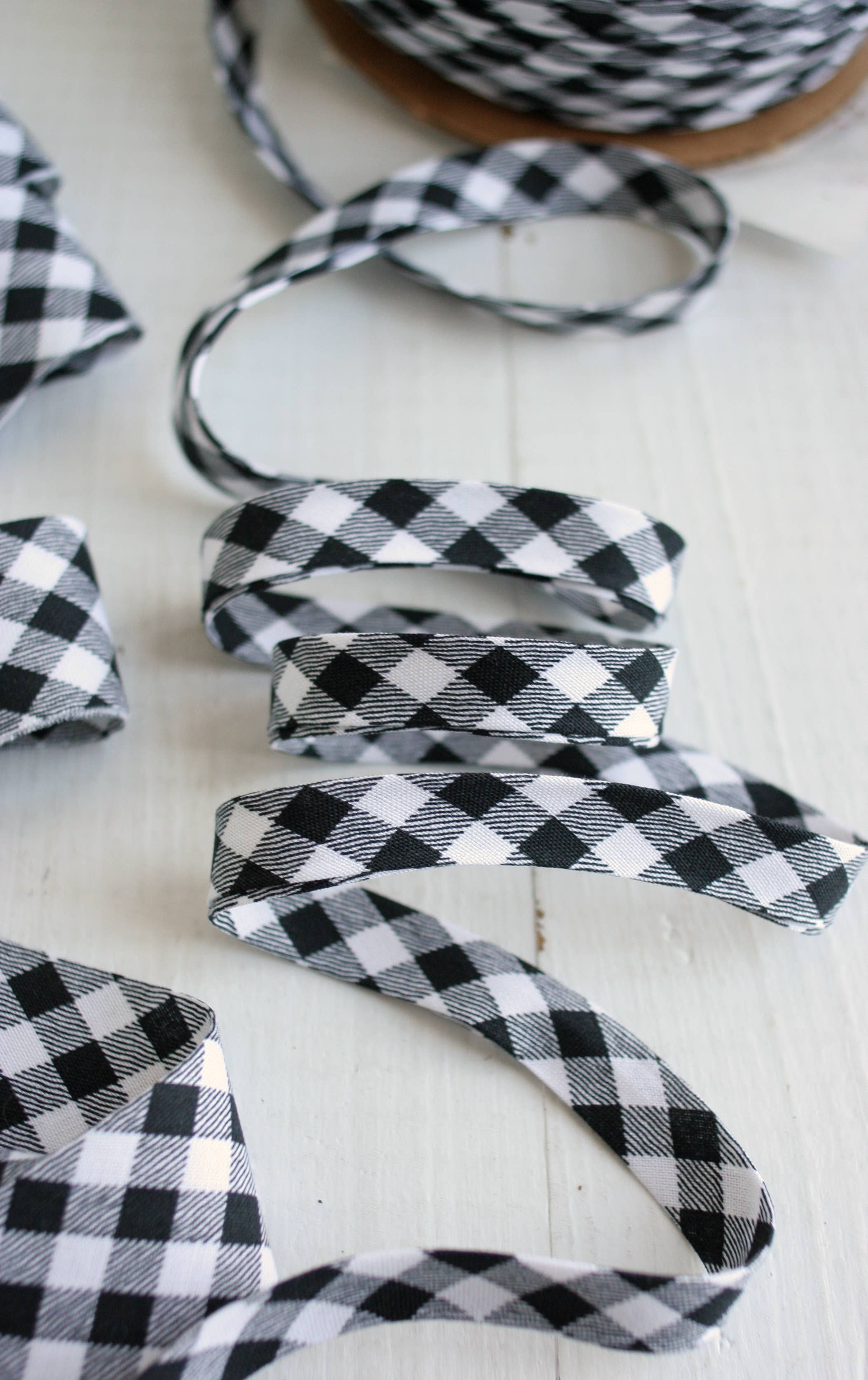 1/2" Double Fold Bias Binding - Black Gingham 100% Cotton